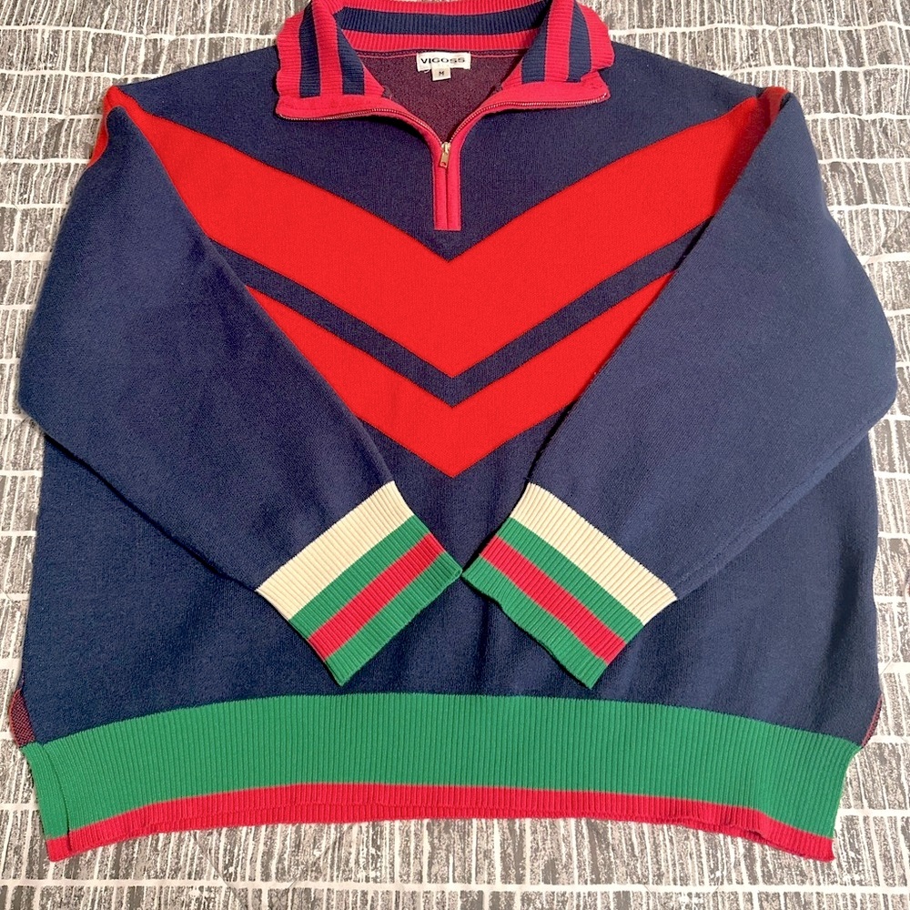 VIGOSS PREP QUARTER ZIP MAVY Vintage Bold Chevron Zip-Up Sweater SIZE MEDIUM